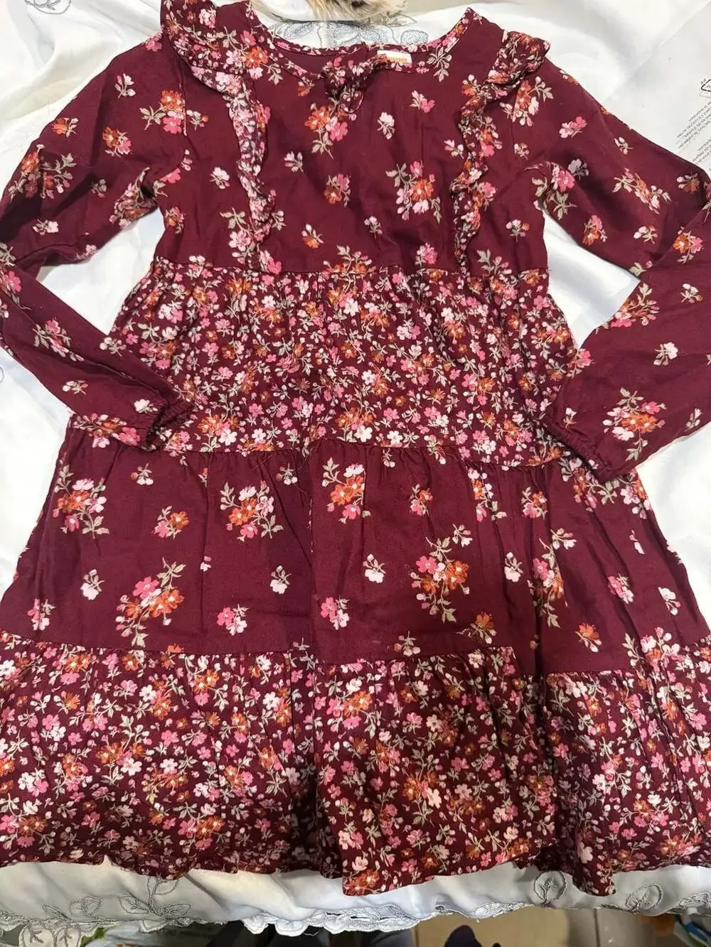 Gymboree Girls Long Sleeve Tiered Floral Twill Dress Burgundy Size 6